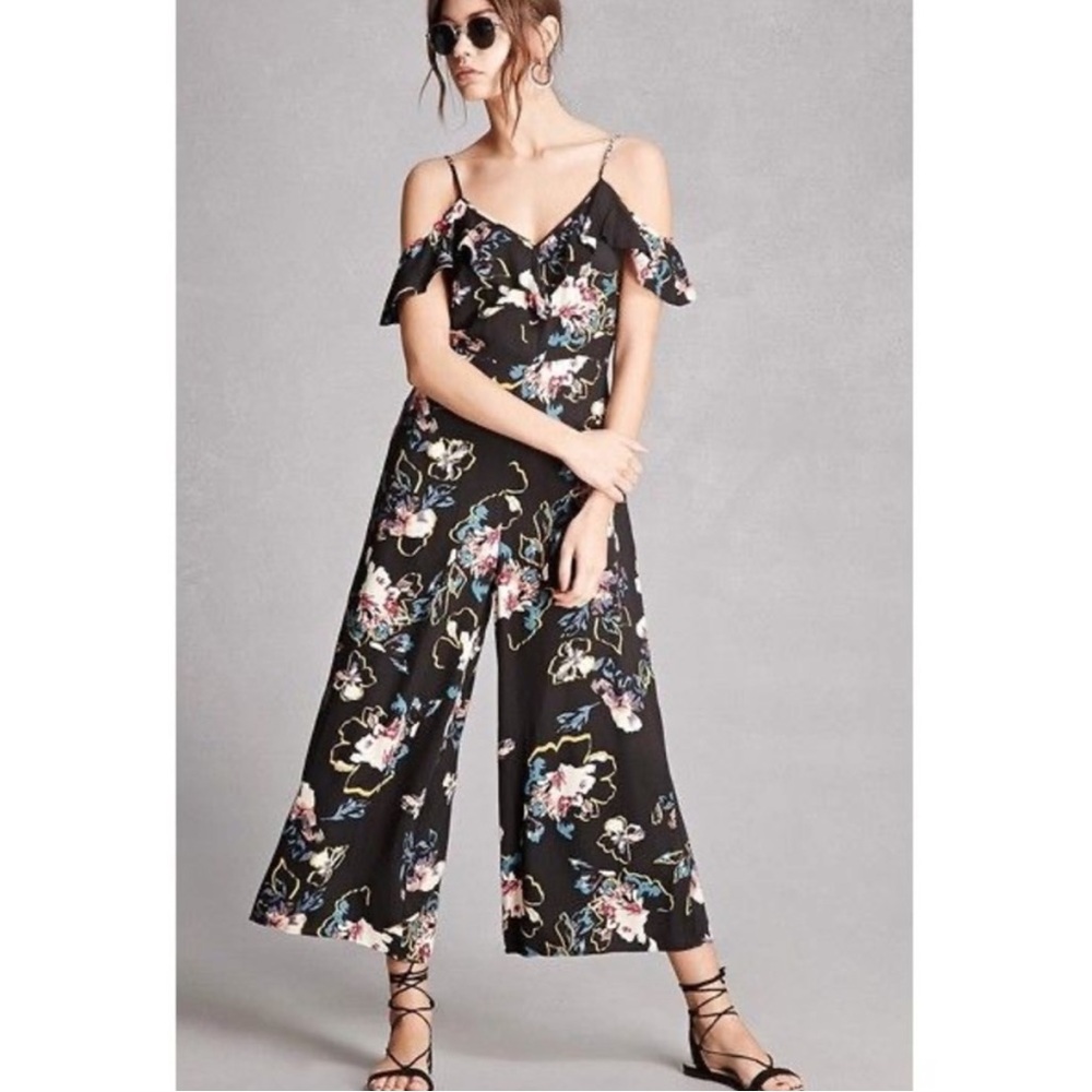 Lush Black Floral Multicolor Off-Shoulder Jumpsuit with Ruffled Neckline Small